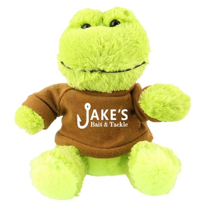 Plush and cotton frog with brown shirt with custom logo.